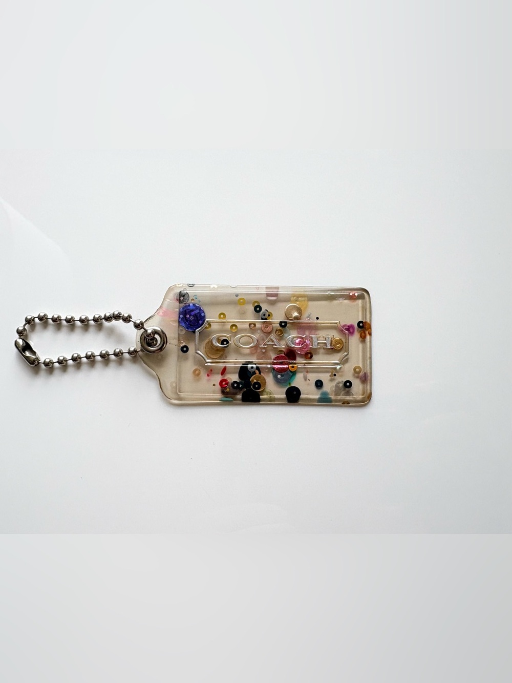 COACH POPPY 3” XL Confetti Glitter Clear Acrylic Plastic Hang Tag Hangtag Charm